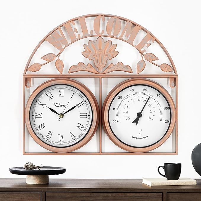 17Inch Large Outdoor Clock,Waterproof Wall Clock with Thermometer,Weatherproof Non-Ticking Quartz Battery Operated Decor Clock for Patio,Garden,Pool,Porch,House Warming Gifts