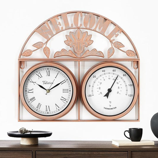 17Inch Large Outdoor Clock,Waterproof Wall Clock with Thermometer,Weatherproof Non-Ticking Quartz Battery Operated Decor Clock for Patio,Garden,Pool,Porch,House Warming Gifts