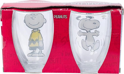 Silver Buffalo Peanuts 2 Piece Double Walled Glass Set Featuring Snoopy, Woodstock, and Charlie Brown, 12.5 Ounces