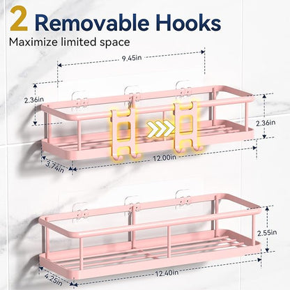 YASONIC Shower Caddy Adhesive, No Drill Bathroom Shower Organizers, with Removable Hooks, Rust Proof Shower Shelves, Wall-Mounted Shower Holder, Pink, 2 Pack