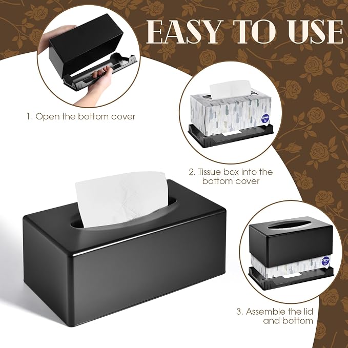 Y-in Hand Tissue Box Cover, Rectangle Facial Tissue Holder with Bottom, Decorative Storage Organizer Box for Bathroom Vanity, Countertops, Dressers, Night Stand, Parlors and Offices - Matte Black