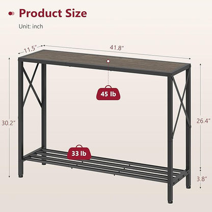 Tajsoon Industrial Console Table 41.8", 2 Tier Entryway Table with Storage Shelves, Narrow Sofa Table with Stable X-Frame, for Living Room, Hallway, Foyer, Office, Dark Grey