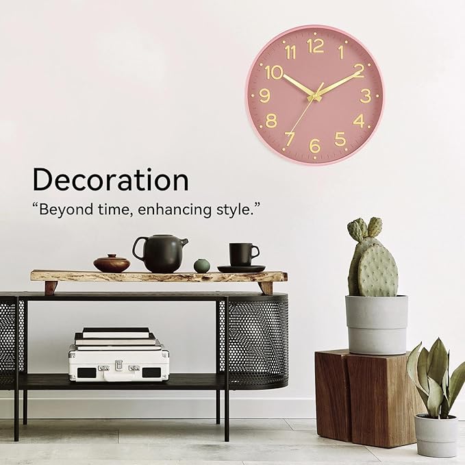 Roymnie Wall Clock 12 Inch Silent Wall Clocks Battery Operated-Modern Non Ticking Analog Clock Decorative for Kitchen Bedroom Office (Pink Gold)