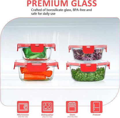 KOMUEE 24 Pieces Glass Food Storage Containers Set, Meal Prep Containers, BPA-Free Airtight Glass Storage Containers with lids, Freezer, Microwave and Oven Safe, Red