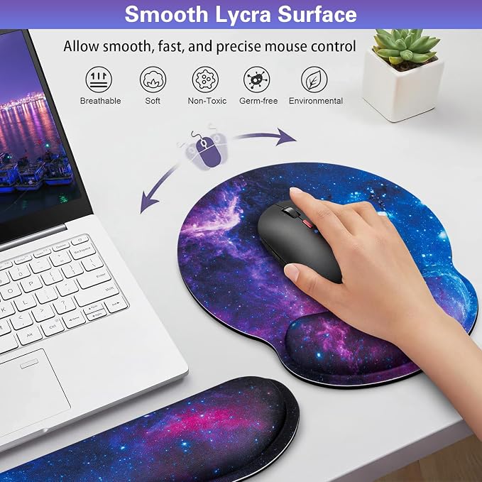 Desk Pad Galaxy, Mouse Pad with Wrist Rest Set, 3-in-1 Wrist Support Mousepad Set, Gaming Mat Pad with Anti-Skid Base,Ergonomic Memory Foam Keyboard Gel Wrist Rest, Office Desk Accessories