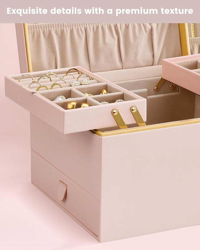 Lolalet Jewelry Box Organizer for Women Girls, 2 Layer Jewelry Organizers and Storage for Necklace Earrings Rings Bracelets, Large Jewellery Holder Case Birthday Gifts -Pink