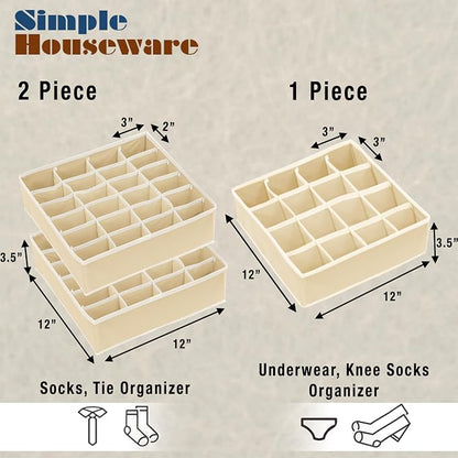 Simple Houseware Sock Drawer Organizer for Dresser/Closet/Bedroom, 3 Pack, Beige