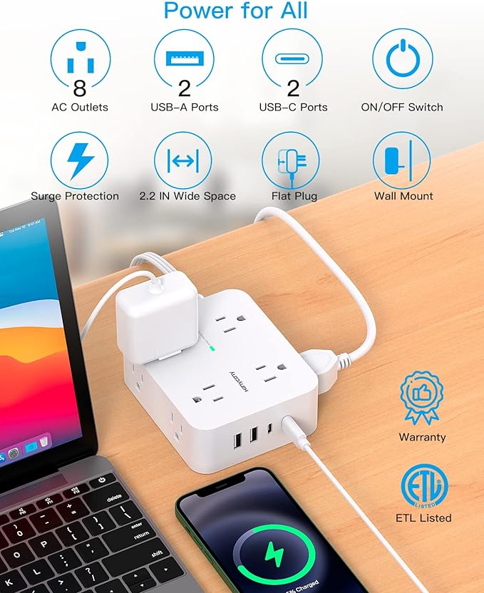 Extension Cord 10 Ft, Ultra Thin Flat Plug Power Strip Surge Protector with 8 Outlets 4 USB Ports (2 USB C), HANYCONY Outlet Extender Desk Charging Station for Home Office Dorm Room Essentials