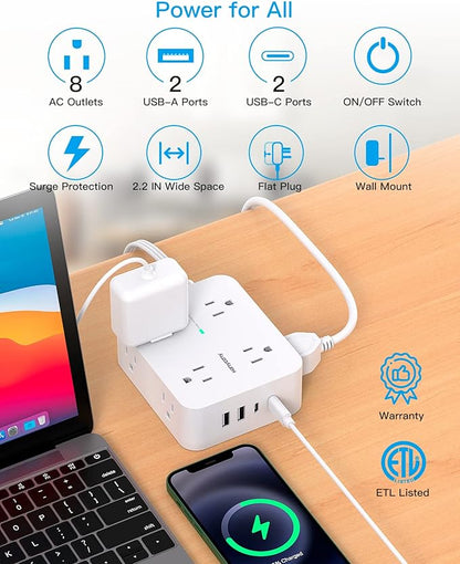 Extension Cord 10 Ft, Ultra Thin Flat Plug Power Strip Surge Protector with 8 Outlets 4 USB Ports (2 USB C), HANYCONY Outlet Extender Desk Charging Station for Home Office Dorm Room Essentials
