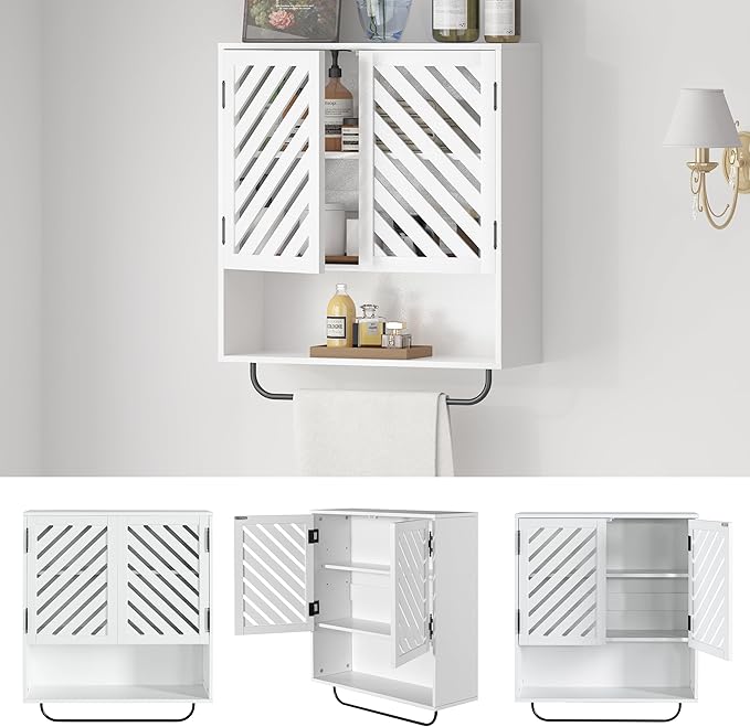 Wall Mounted Bathroom Cabinet with Openwork Doors and Towel Bar, Extra Deep Over The Toilet Storage, Waterproof Farmhouse Medicine Cabinet for Bathroom, Kitchen, Laundry Room (23.6"x8.3"x23.6", White)