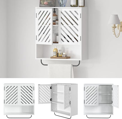 Wall Mounted Bathroom Cabinet with Openwork Doors and Towel Bar, Extra Deep Over The Toilet Storage, Waterproof Farmhouse Medicine Cabinet for Bathroom, Kitchen, Laundry Room (23.6"x8.3"x23.6", White)