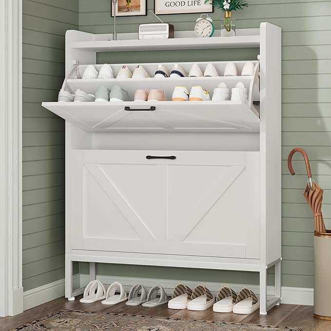 GRUSIGN Shoe Cabinet, Shoe Storage Cabinet with 2 Flip Drawers & Adjustable Shelf, Space-Saving Shoe Organizer – Holds 16+ Pairs, Narrow Shoe Cabinet Storage for Entryway/Hallway（White）