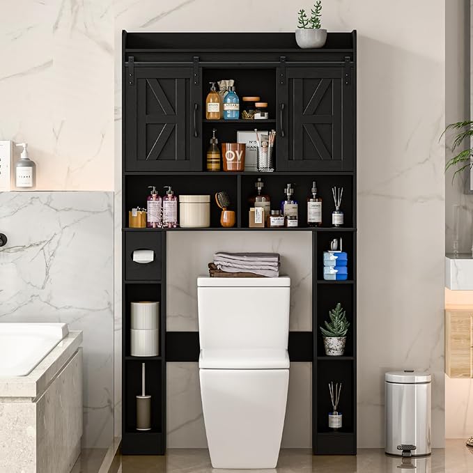 Farmhouse Storage Cabinet Over Toilet with Sliding Doors，Over The Toilet Storage Cabinet, Home Space-Saving Toilet Rack, for Bathroom, Restroom, Laundry.Pure Black