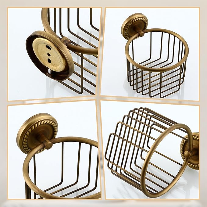Vintage Toilet Paper Holder Wall Mounted Bathroom Roll Tissue Wire Basket, Antique Brass
