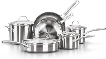 Calphalon Classic Stainless Steel Cookware Set, 10-Piece, Impact-Bonded Aluminum Base, Stay-Cool Handles, Oven Safe 450F, Silver