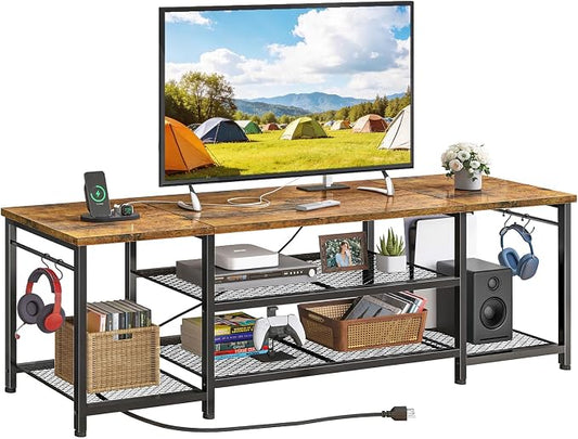 YGEOMER TV Stand for Up to 75 Inch TVs, Entertainment Center with Power Outlet and Open Storage Shelves, TV Media Console Table for Living Room and Bedroom, Rustic Brown