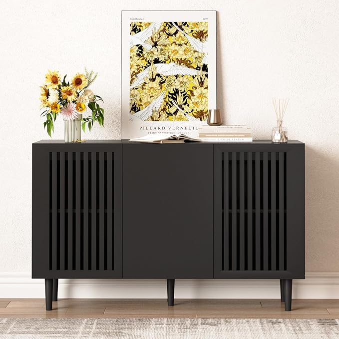 Storage Cabinet, 47.2" Freestanding Buffet Cabinet with 3 DIY Doors and Adjustable Shelf,Modern Sideboard Buffet Cabinet for Living Room,Dining Room,Kitchen,Hallway, Black
