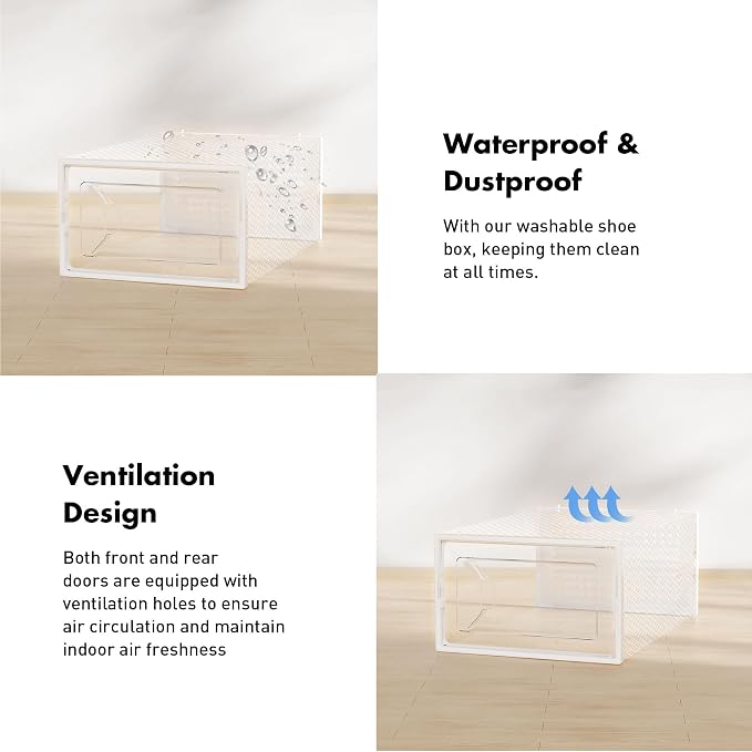 Foluck Shoe Storage Box, 15 Pack Clear Plastic Stackable Organizer for Closet, Interlocking Design Shoes Container Bins for Sneakers, Foldable Shoe Rack with Lids, White