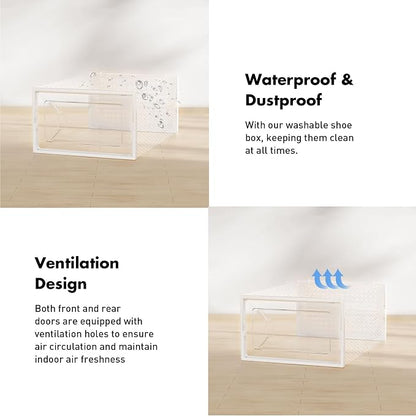 Foluck Shoe Storage Box, 15 Pack Clear Plastic Stackable Organizer for Closet, Interlocking Design Shoes Container Bins for Sneakers, Foldable Shoe Rack with Lids, White