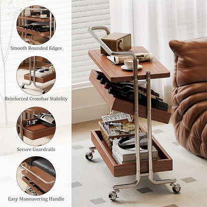 Solid Wood Rolling End Table Cart with Adjustable Storage - 3-Tier Stainless Steel Fame Side Table on Wheels Narrow Bedside Storage Table Small Bar Serving Cart for Living Room