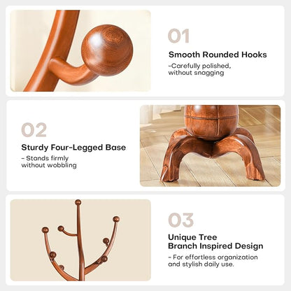 Wooden Coat Rack Freestanding with 8 Hooks, Heavy Duty Coat Hanger Stand with Stable Base, Vintage Coat Tree Standing Coat Racks for Entryway, Hallway, Bedroom (Light Brown)