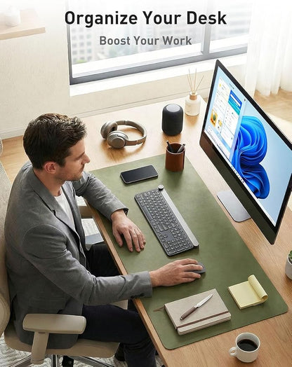 Aothia Faux Leather Desk Mat - Non-Slip PU Leather Desk Blotter, Waterproof Writing Surface, Large Desk Pad for Office & Home (Olive Green, 55" x 24")