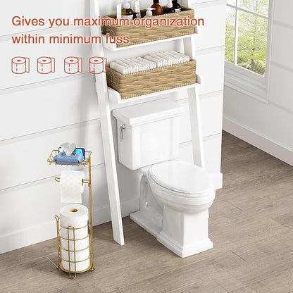Goozii Gold Free Standing Toilet Paper Holder Stand with Phone Shelf, Floor Bathroom Tissue Holder for Large Mega Rolls, Metal Freestanding Toilet Paper Roll Holder with Wipes Storage Tray