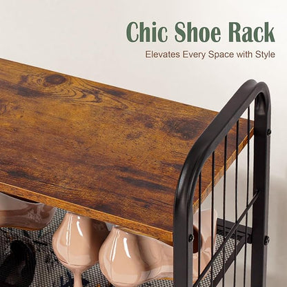 3-Tier Shoe Rack with Guardrails, Heavy-Duty Metal Mesh Shelves & Rustic Wooden Top - Space-Saving Organizer for Closet, Entryway, and Hallway (Holds 1-2 Pairs/Shelf)