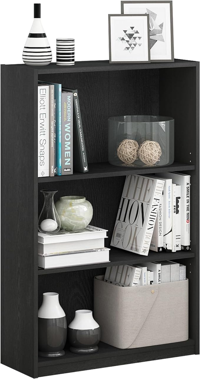 Furinno Jaya Book Shelf, 3-Tier Bookshelf, Bookcase with Adjustable Shelves, 9.5 x 24.5 x 40.3, for Living Room, Bedroom, Home Office, Blackwood