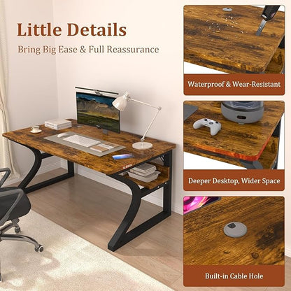 Computer Desk, 55'' Home Office Desks Computer Desk w/Storage Shelf, Study Writing Desk w/U Shaped Metal, Cable Management, Work Table w/Water-Resistant Deeper Thicker Desktop for Home Office