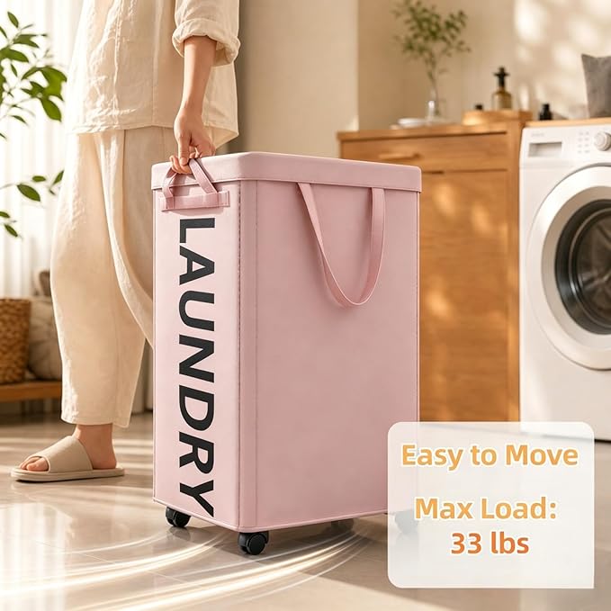 Optish 140L Laundry Hamper with Wheels, Rolling Laundry Basket with Removable Mesh Bag, Extra Large Clothes Hamper on Wheel for Bedroom, Bathroom, Dorm Room Essentials, Pink