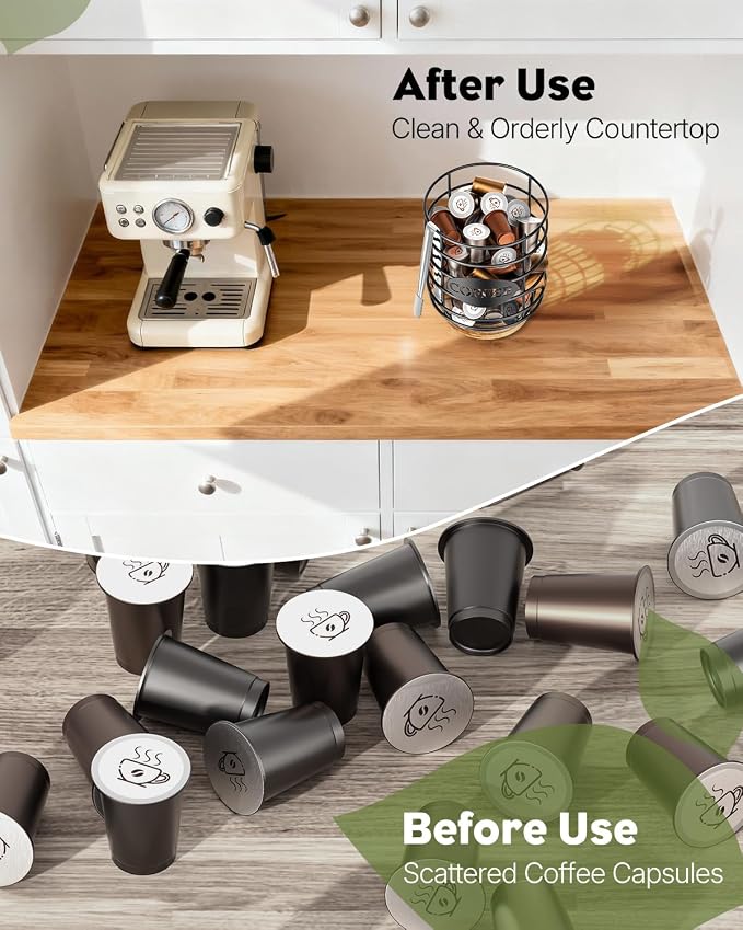 Uniclife Coffee Pod Holder K Cup Holder with Ice Tongs, Large Capacity Coffee Pod Storage for 10-30 Capsules Metal Wire Cup Organizer Coffee Pod Organizer with Wooden Base, Storage Basket for Kitchen