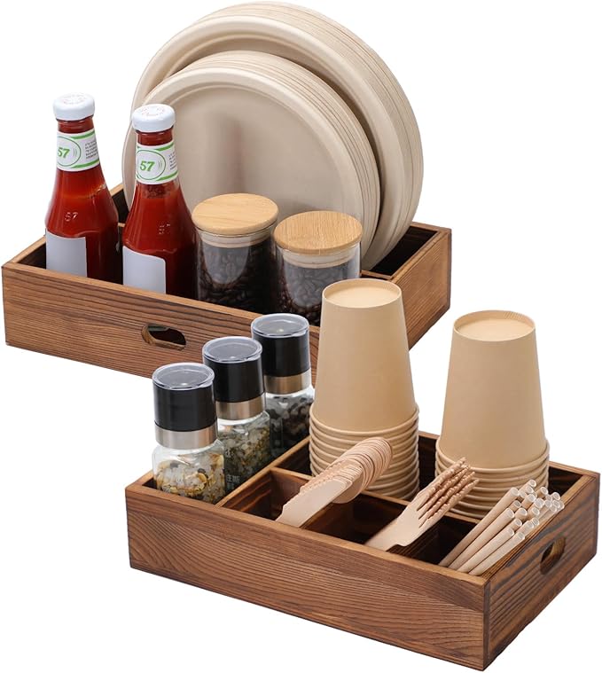 Utensil Holder for Party,Paper Plate Holders,Wood Silverware Organizer for Kitchen Countertop,Silverware Caddy,Essentials for Parties,Cutlery Flatware Organizer for Spoons Forks Napkins Cup,Set of 2