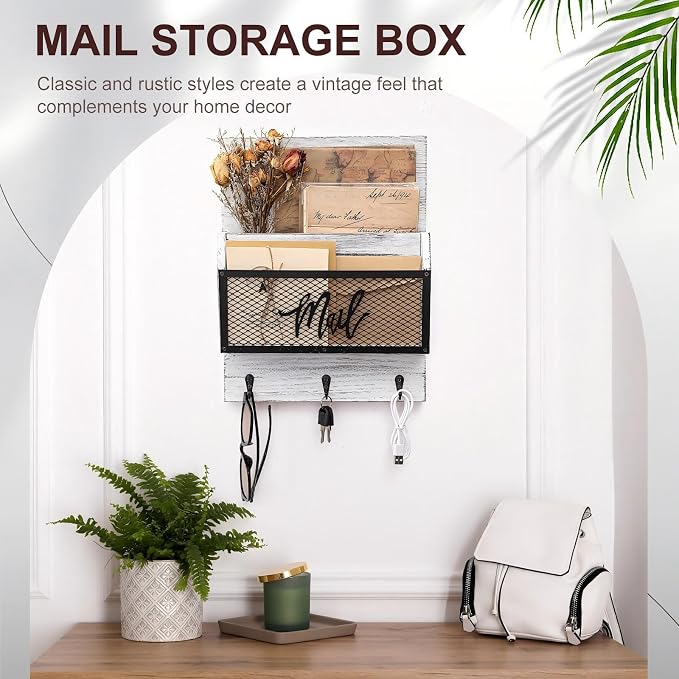 Yalikop Farmhouse Mail Organizer Wall Mounted Rustic Mail Holder Hanging Key Sorter with 3 Hooks Indoor Wooden Wall Mounted, Letter, Magazines, Newspapers, Keys(Classics,White Gray)