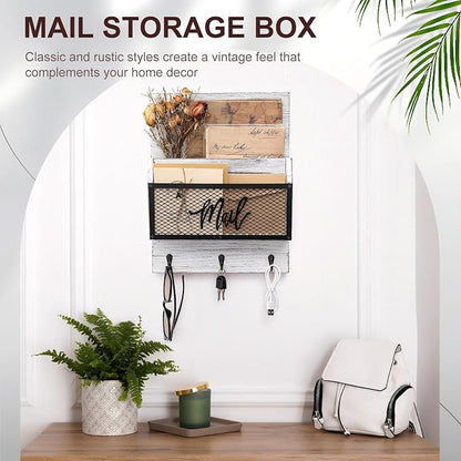 Yalikop Farmhouse Mail Organizer Wall Mounted Rustic Mail Holder Hanging Key Sorter with 3 Hooks Indoor Wooden Wall Mounted, Letter, Magazines, Newspapers, Keys(Classics,White Gray)
