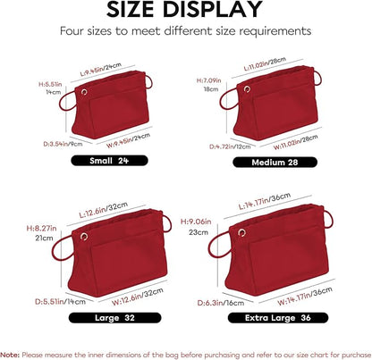 GIVLEFLY Purse Organizer Insert with Multiple Pockets, Drawstring Satin Tote Bag Organizer,Light Weight Purse Liner with Zipper Pocket (Medium,Red) Fit for Longchamp,Neverful Small Size and More