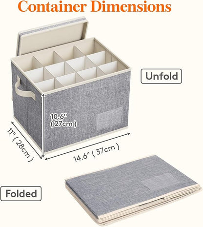Lifewit 2 Pcs Wine Glass Storage Box with Dividers, Stackable Cationic Hard Shell Stemware Containers with 24 Cells, Foldable Dustproof China Containers for Moving, Light Grey, 37 x28x27cm
