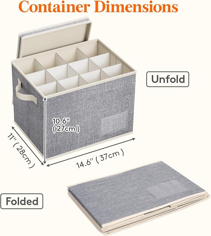 Lifewit 4 Pcs Wine Glass Storage Box with Dividers, Stackable Cationic Hard Shell Stemware Organizer with 48 Cells, Foldable Dustproof China Containers for Moving, Light Grey