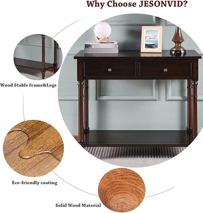 Solid Wood Console Table with 2 Drawers, 2-Tier 35.4" X 30" Accent Sofa Table with Multilayer Storage Shelf Rustic Hall Entryway Tables for Living Room Home Office-Walnut 004DC