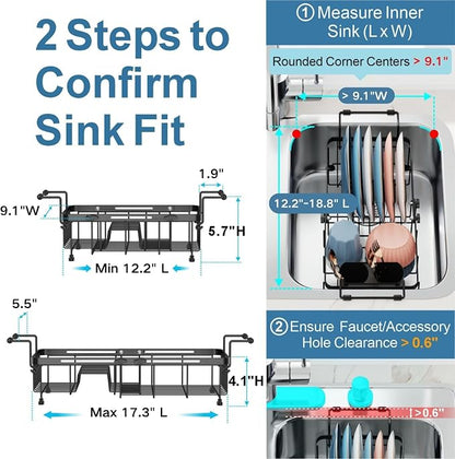 iSPECLE Small Sink Dish Drying Rack, 9.1" W Expandable Compact Rust Resistant Dish Drainer for RV Apartment Kitchen, Dish Rack with Lock Knob, Arms with Non Slip Rubber, Black
