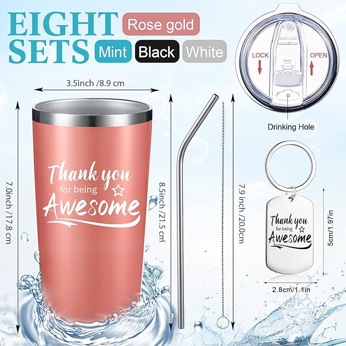 Sieral 16 Pieces Thank You for Being Awesome Tumbler, Thank You Supplies for Women Men 20oz Insulated Stainless Steel Travel Tumbler with Lid and Straw Appreciation Gift with Keychain (Classic Color)