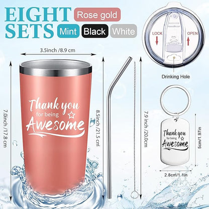 Sieral 16 Pieces Thank You for Being Awesome Tumbler, Thank You Supplies for Women Men 20oz Insulated Stainless Steel Travel Tumbler with Lid and Straw Appreciation Gift with Keychain (Classic Color)
