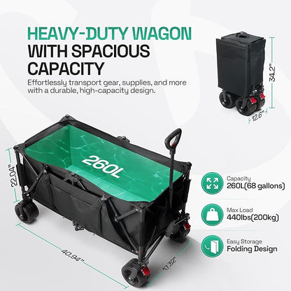 TerrainGO Foldable Utility Wagon Cart with Interchangeable All Terrain Wheels Patent Pending Collapsible Beach Wagon - Camping Essentials with Cooler Pouch, Storage Pockets, and Cup Holders