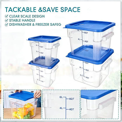 Lallisa 4 Pcs 8 Qt and 4 Qt Clear Food Storage Containers with Lids, Handles and Scales, Commercial Grade Square Containers Polycarbonate Air Tight for Home Storage Kitchen Restaurant (Blue)