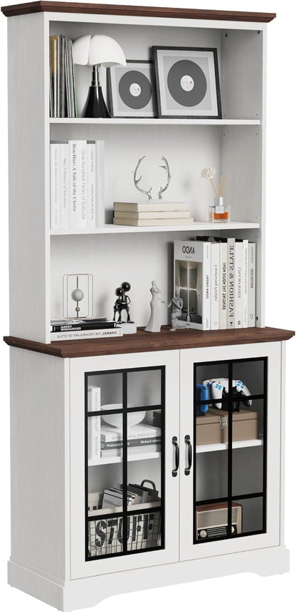 blini White Bookshelf with Glass Door, 5-Shelf Tall Bookcase, 15" Multi Depth Storage Cabinet with Adjustable Shelves, Large Bookcases for Home Office, Living Room & Bedroom