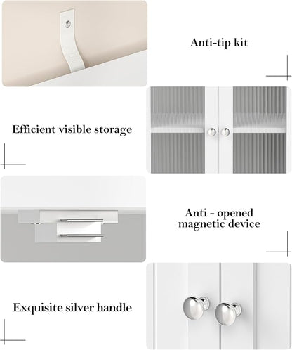 Akxomel 43.3'' H Bathroom Storage Cabinet, Bathroom Floor Cabinet with 6 Doors, Linen Cabinet with Transparent Doors, Modern Bathroom Cabinet for Living Room, Kitchen, Entryway, White