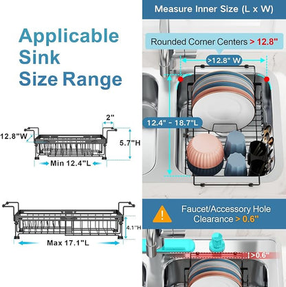 iSPECLE Expandable Dish Drying Rack with Silicone Mat for Kitchen Sink or Counter, Heavy Duty Adjustable Over Sink Dish Drainer with Square Corners, Fit for Modern Single & Double Sinks, Black
