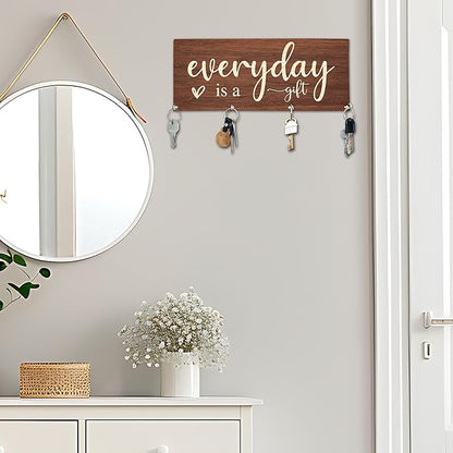 Everyday is A Gift Wooden Key Holder for Wall - 5"x10" Key Organizer Hanger with 4 Hooks for Home Front Door Hallway Entryway Kitchen - Home Office Decor & Housewarming Gifts Supplies - A04