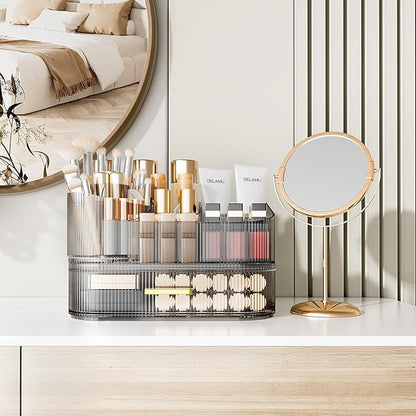 Delamu Makeup Organizer for Vanity with Stackable Drawers, 360 Rotating Makeup Brush Holder Large Cosmetic Display Case, Bathroom Skincare Storage, Crystal Black, Ideal Christmas Gifts for Girls