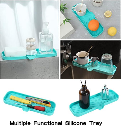 MicoYang Silicone Soap Dish with Drain Spout — Self-Draining Double Sink Organizer Tray for Kitchen & Bathroom, Dispensers, Sponges & Soap Holder, Non-Slip & Dishwasher Safe, Mint (Large, 12"×4")